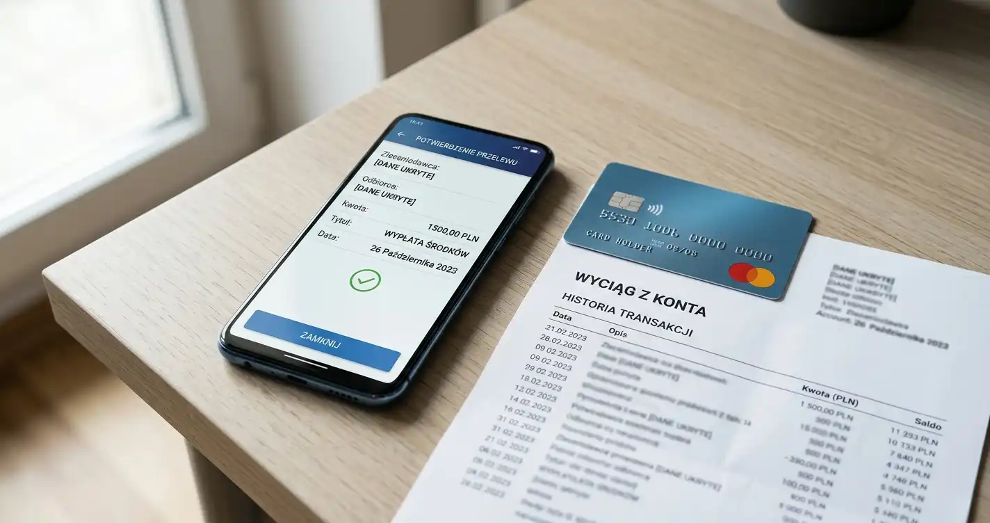 Telefon z ekranem przelewu obok karty płatniczej i rachunku bankowego